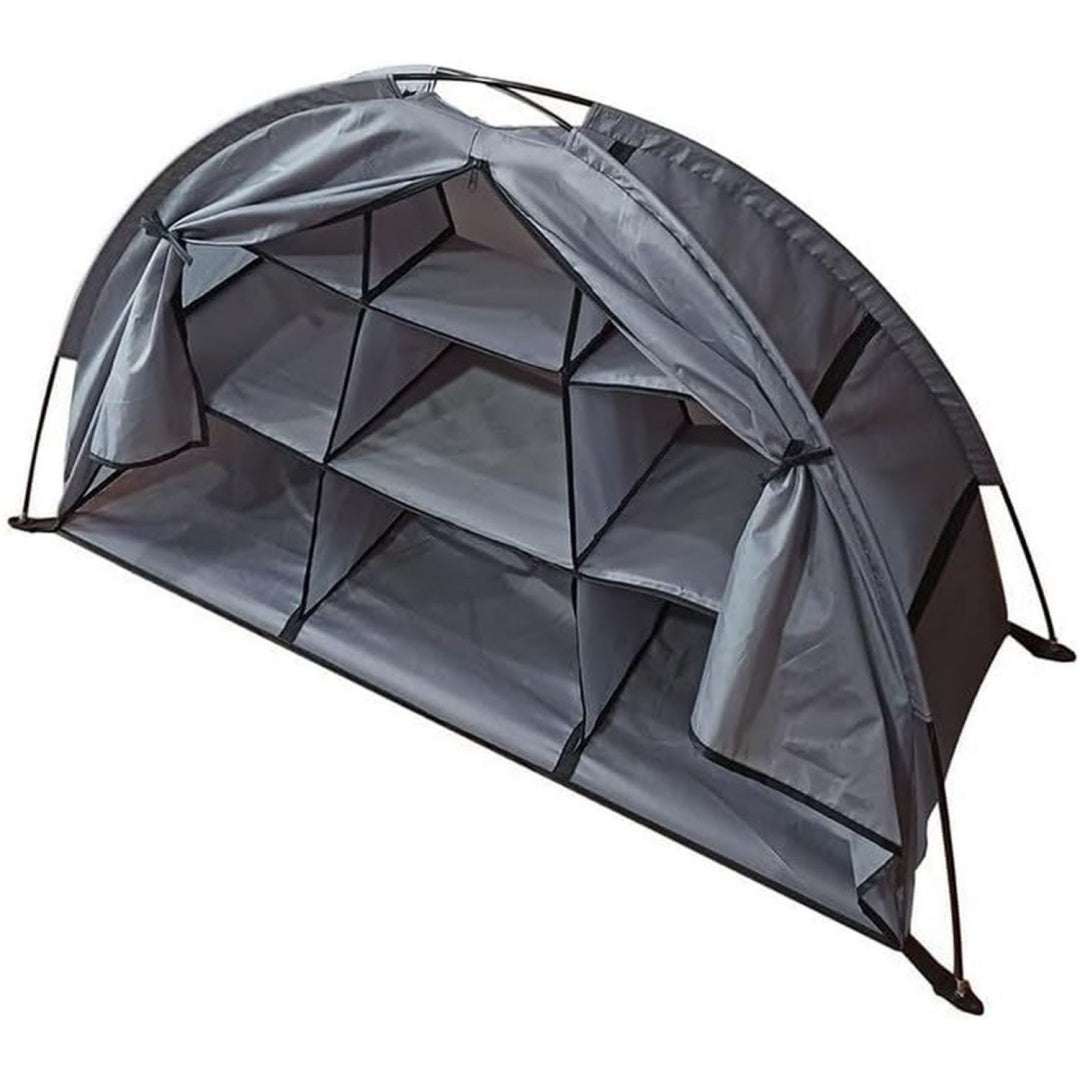 camping-schuhregal mit 9 ablagen zusammenklappbarer zelt-organizer fuer wohnmobil-schrank robuste tragbare haengeregale mit bodengurten fuer outdoor-wandern grau