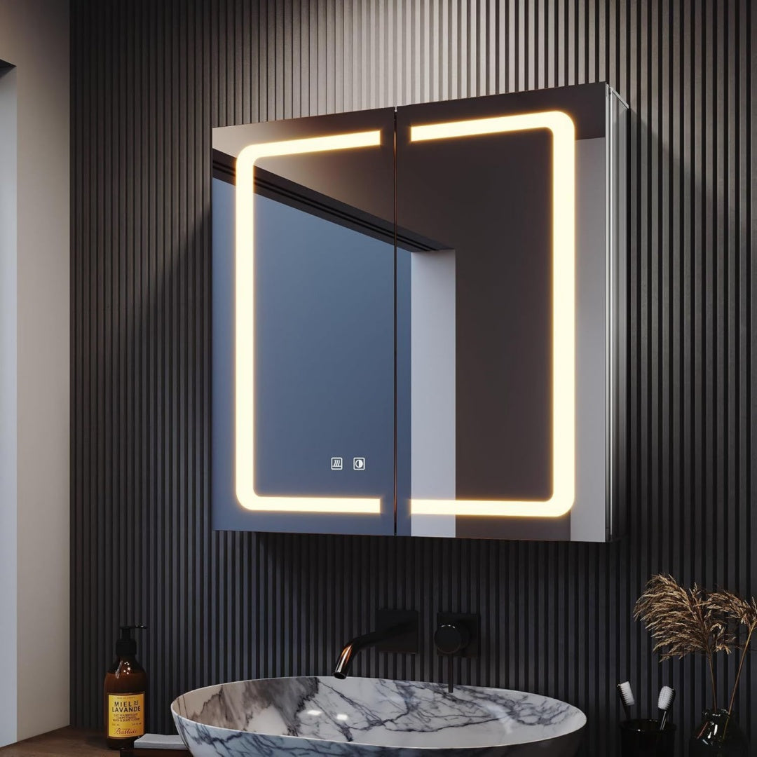 sonni led spiegelschrank bad 65x65cm aluminium scharnier touch antibeschlag steckdose 3 lichtfarben dimmbar ip44 spritzwassergeschuetzt ideal fuer badezimmer renovierung