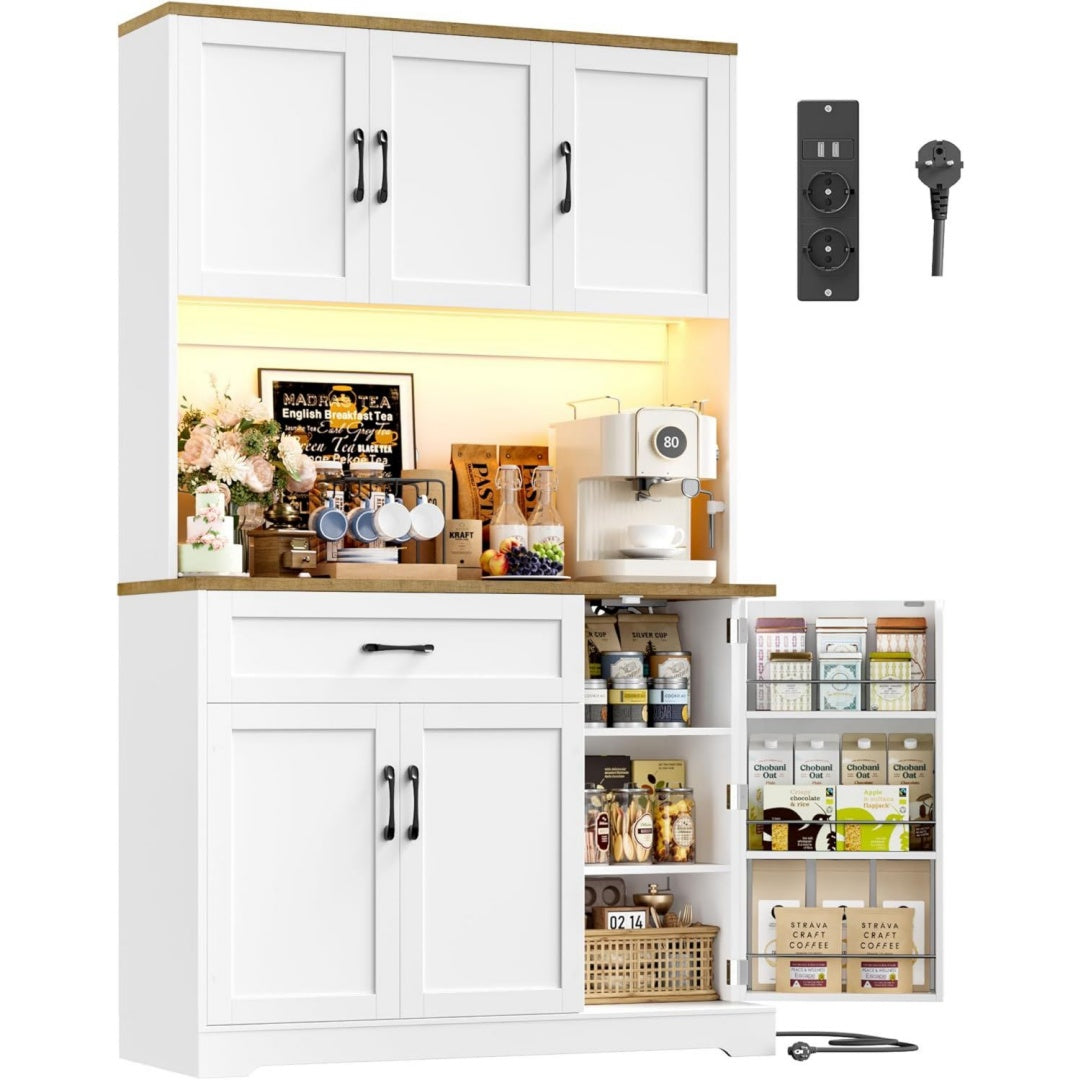 firfurd kuechenschrank buffetschrank mit led gewuerzregal steckdosenleiste kuechenschrank 100cm breit mit arbeitsplatte vorratsschrank kuechenbuffet sideboard fuer kueche wohnzimmer 180x100x38cm weiss