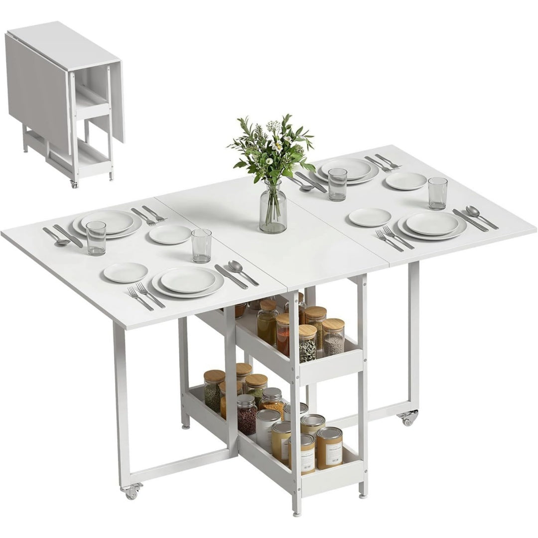 esstisch klappbar fuer 2-4 personen 1334x80x75 cm weiss kuechentisch 2 offenen ablagen esszimmertisch klapptisch rollen fuer kleine raeume esszimmer kueche