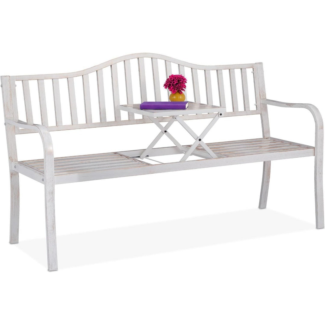 relaxdays gartenbank mit klappbarem tisch 3-sitzer garten metall balkonbank hbt 89 x 150 x 585 cm weiss-bronze