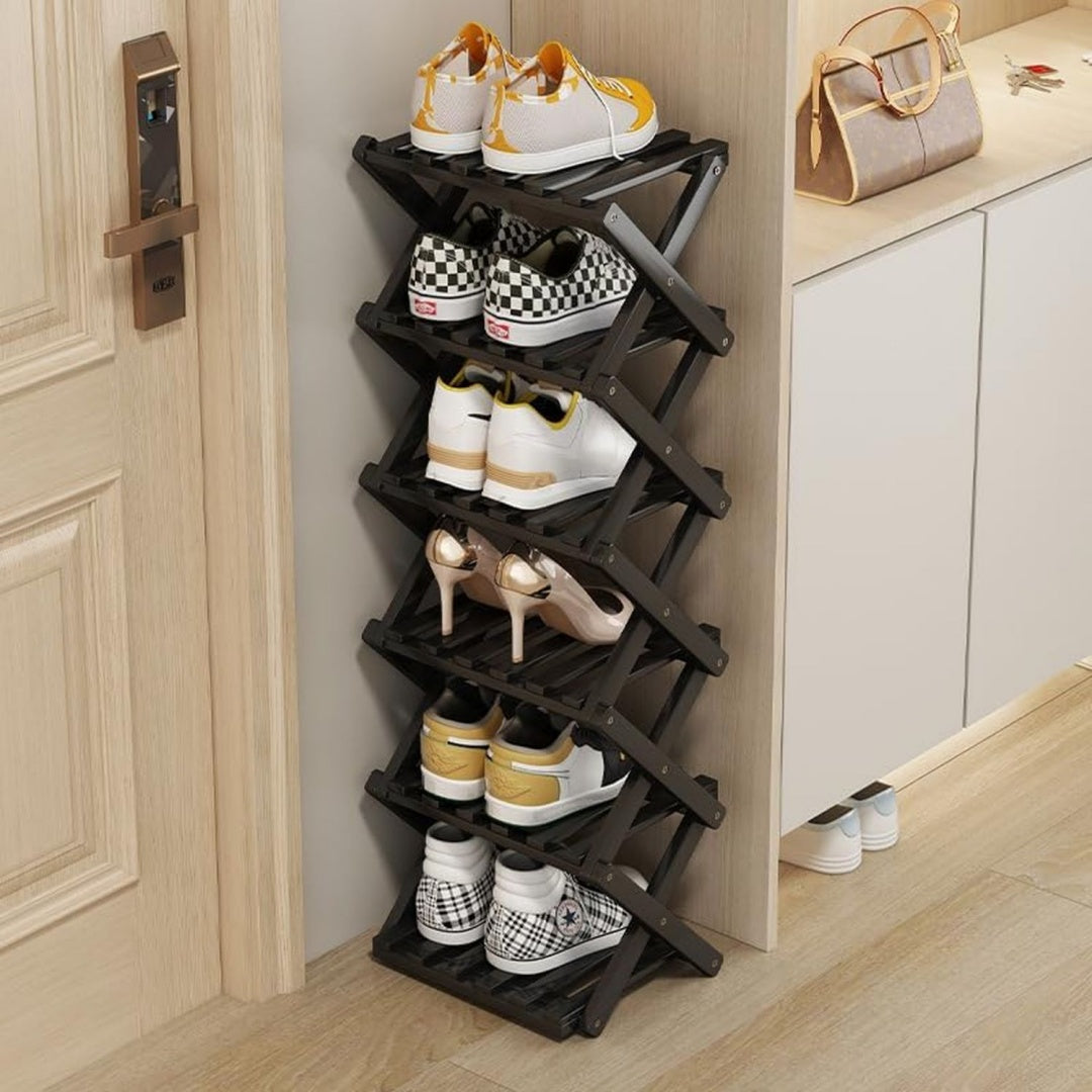 kleines schuhregal schwarz 6 ebenen bambus klappbares schuhorganizer freistehendes regal fuer eingangsbereich schlafzimmer kleiderschrank wohnzimmer ecke keine installation erforderlich