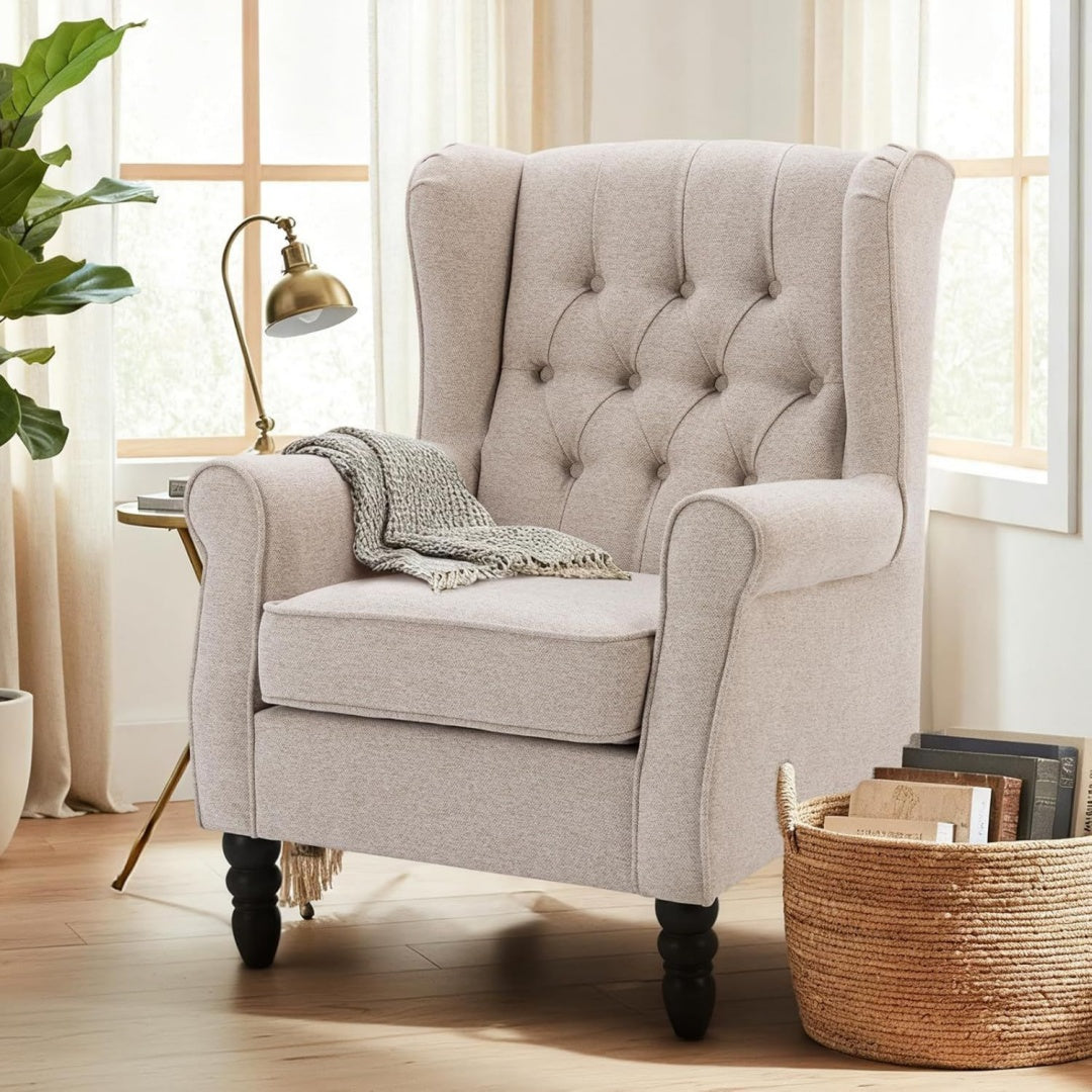 colamy mid-century modern sessel wohnzimmer gepolsterter wingback-sessel mit knopfsteppung loungesessel bezug aus gewebe mit massivholzbeinen fuer wohnzimmer buero cafe -