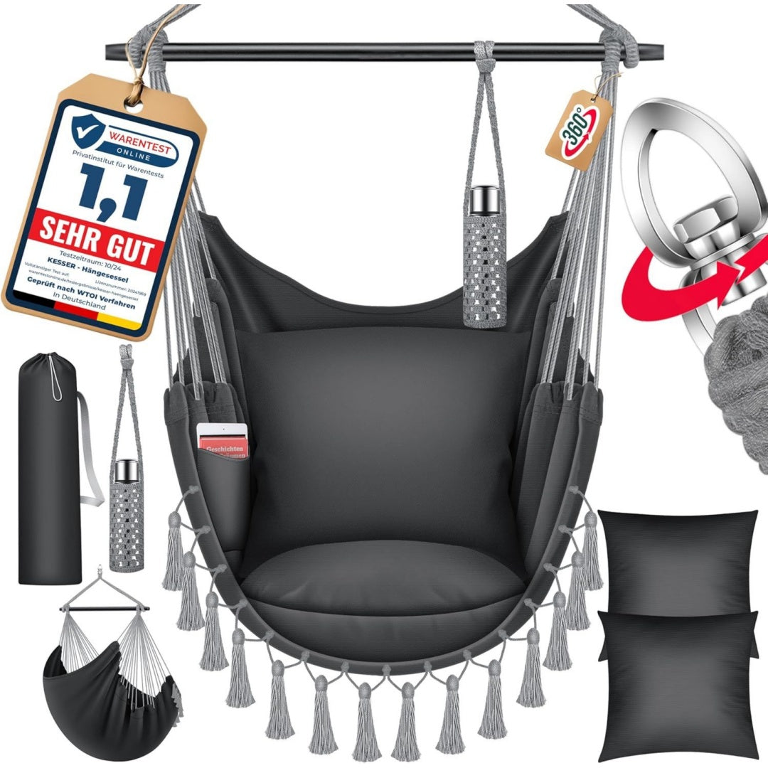 kesser haengesessel safari xxl haengestuhl fuer erwachsene kinder haengematte bis 150 kg haengesitz aufhaengung indoor-outdoor-wohnen inkl tragetasche 2 kissen getraenkehalter buecherfach anthrazit