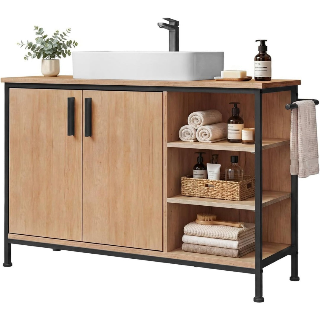 eugad waschbeckenunterschrank mit schubladen handtuchhalter 30x90x60 cm badezimmerschrank verstellbaren ablagen mit 1 schrank mit 2 tueren 3 offene faecher 1 loch fuer siphon von 20 x 15 cm